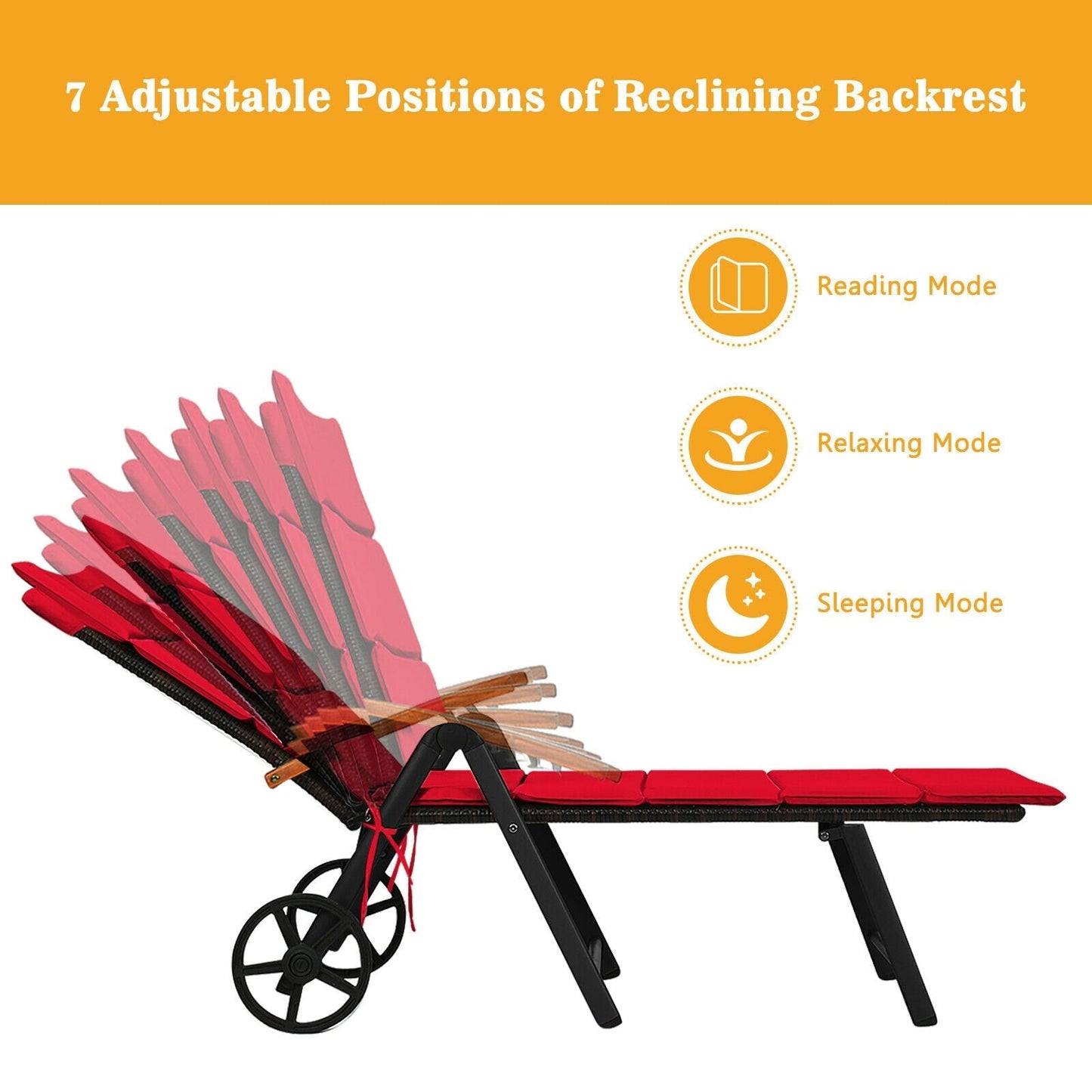 Folding Patio Rattan Lounge Chair with Wheels-Red