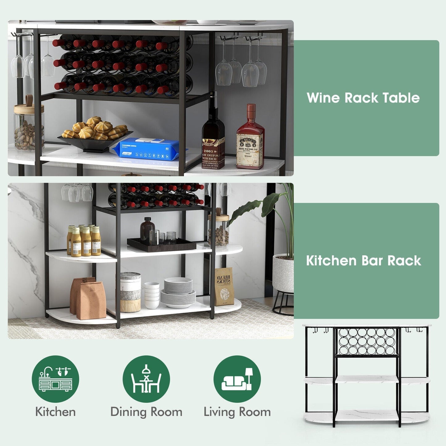 47 Inches Wine Rack Table with Glass Holder and Storage Shelves