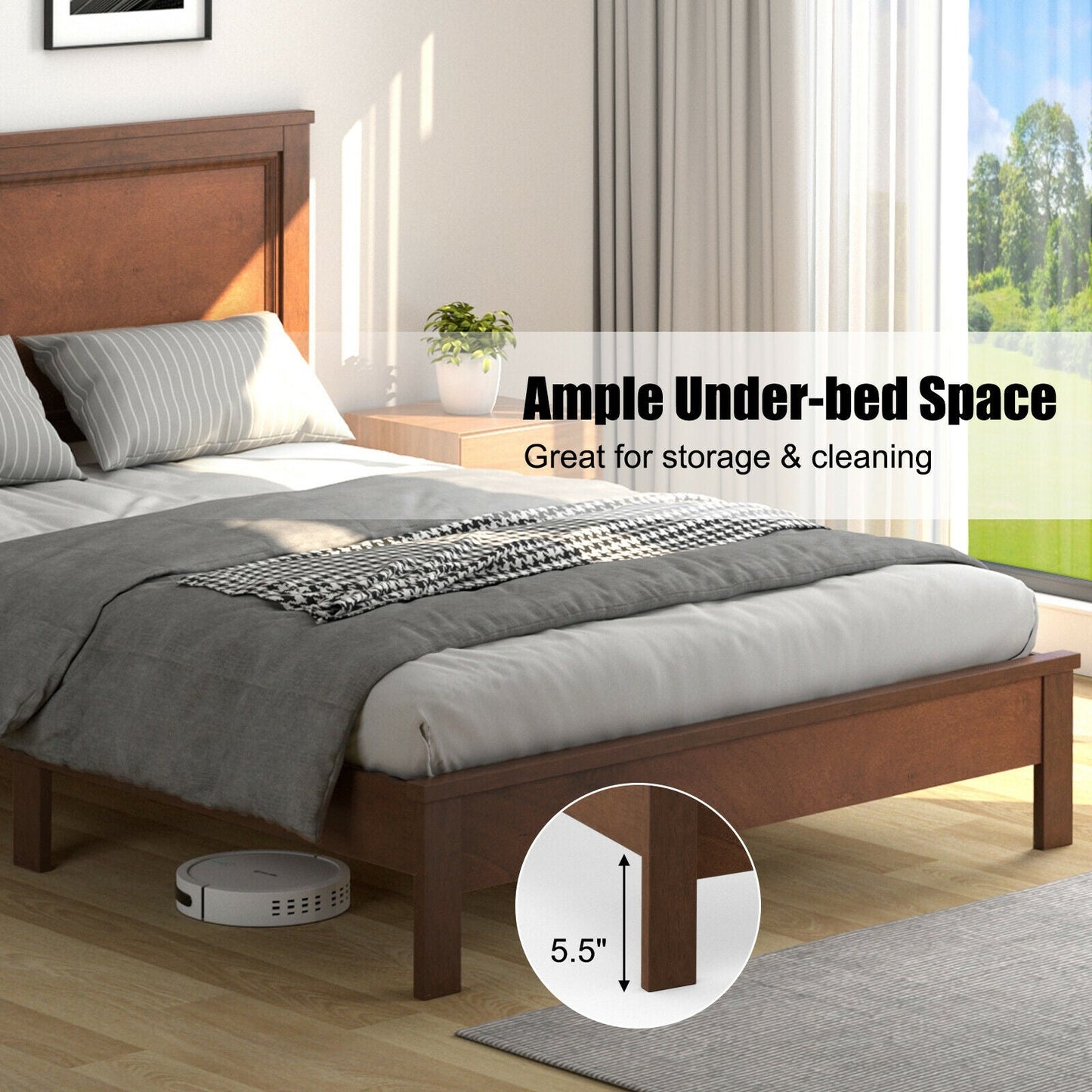 Queen Size Bed Frame Platform Slat High Headboard Bedroom with Rubber Wood Leg