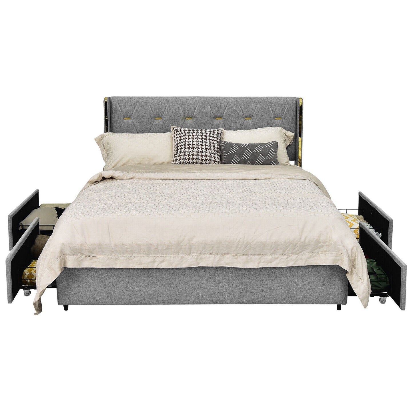Bed Frame Mattress Foundation with 4 Storage Drawers