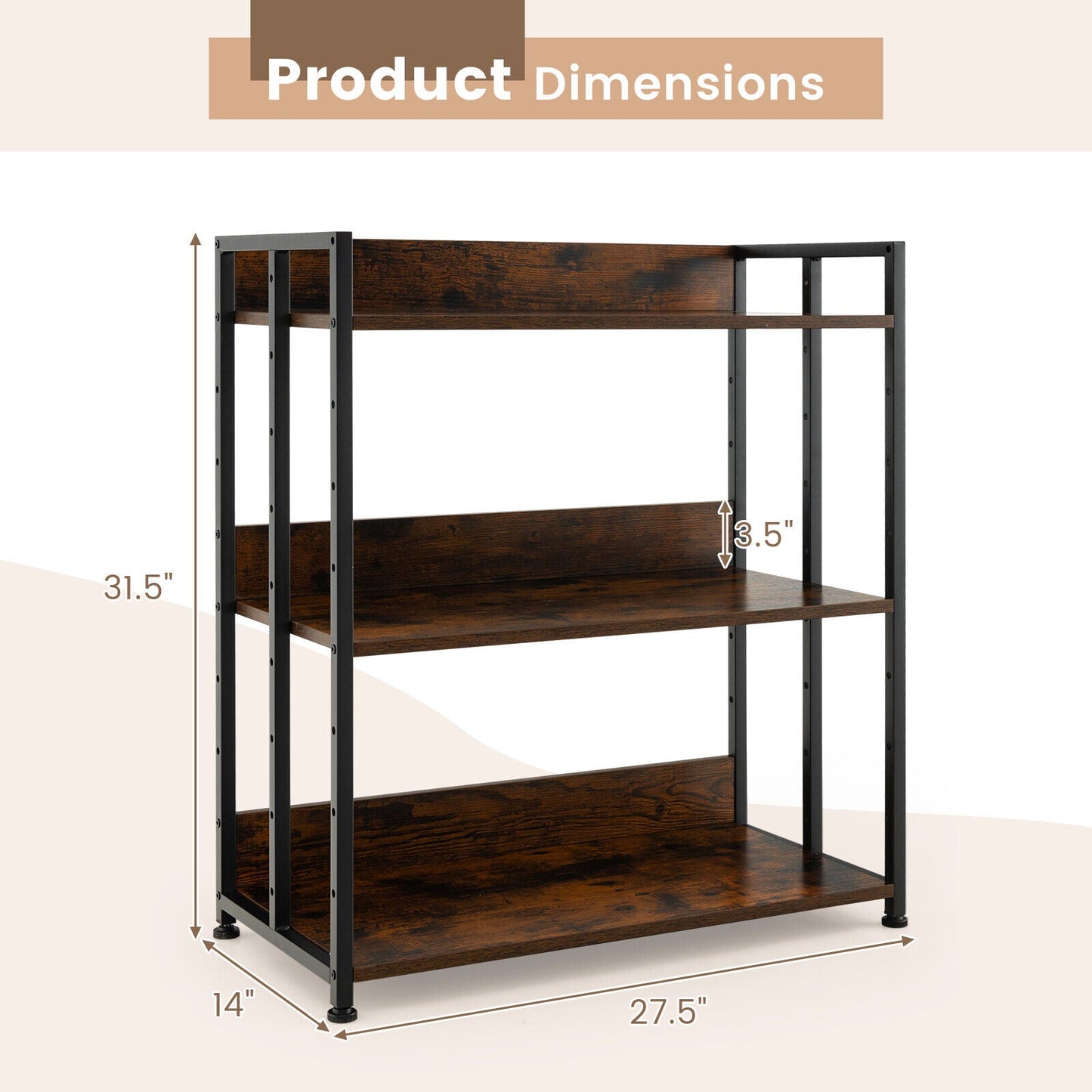 3/5-Tier Industrial Bookshelf Storage Shelf Display Rack with Adjustable Shelves