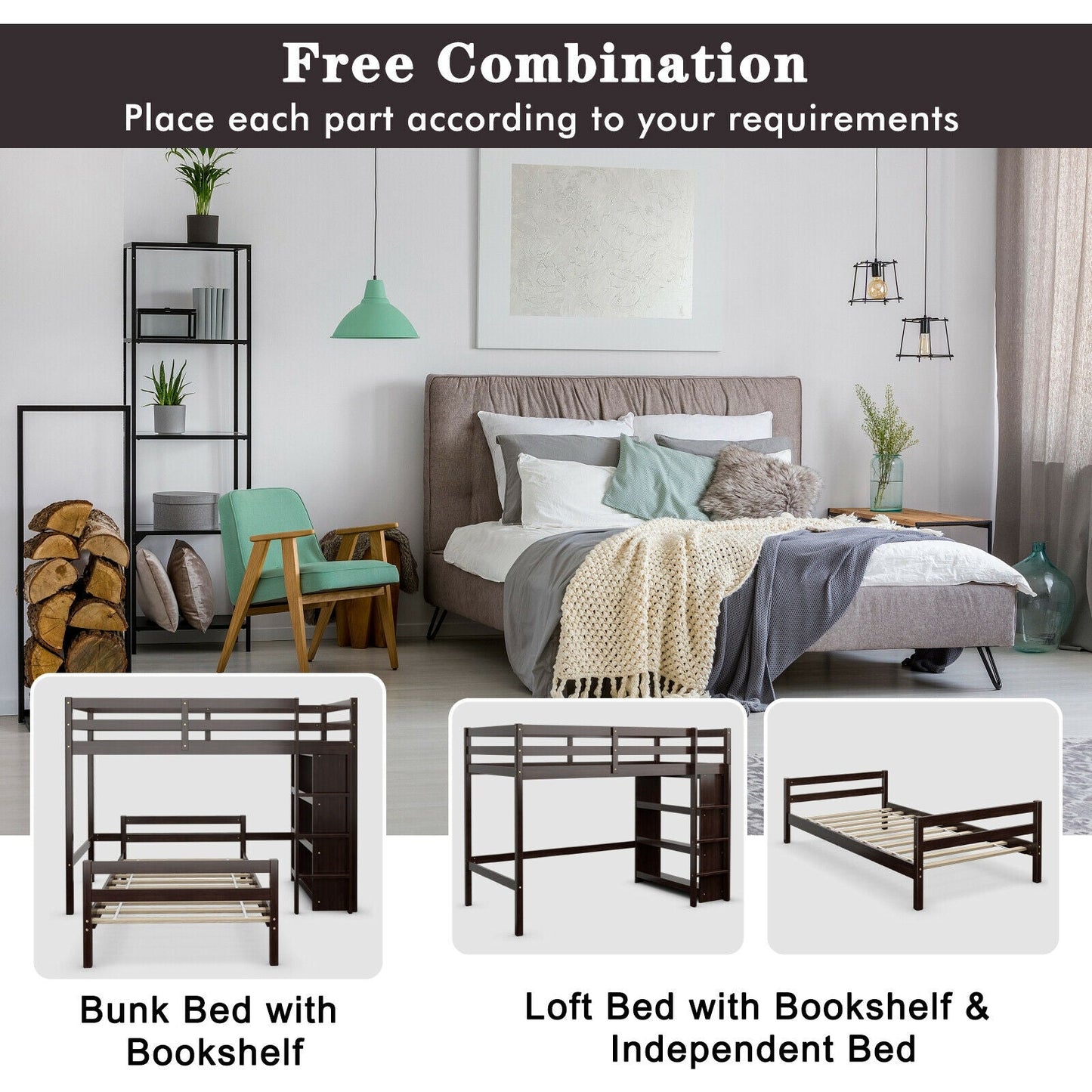 Twin Over Twin Loft Bunk Bed with Bookcase