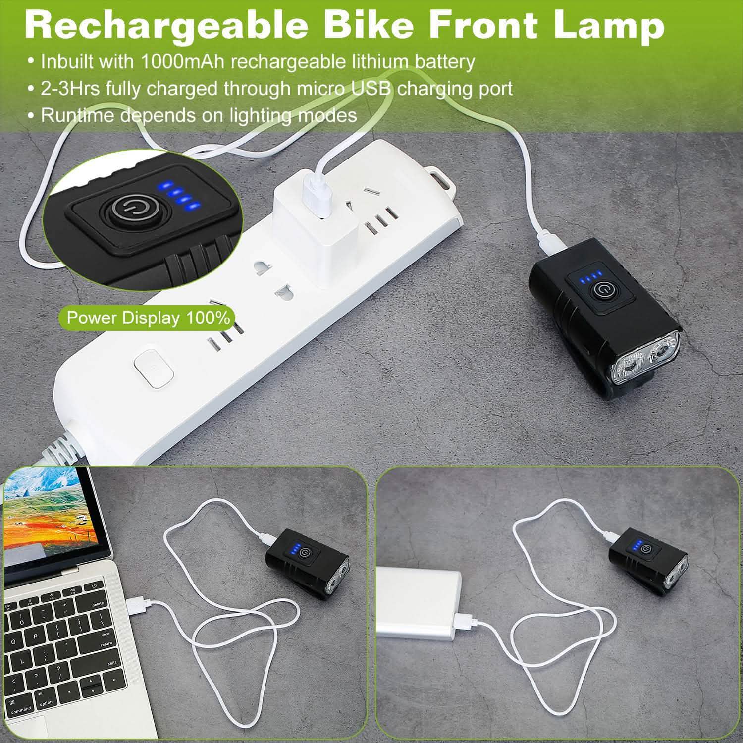 Éclairage avant de vélo 1000 LM, rechargeable, à fixer sur le guidon, avec 6 modes d'éclairage