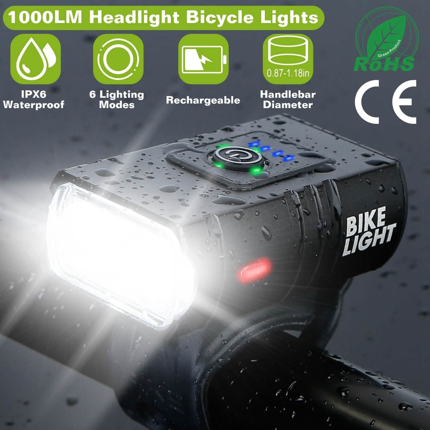 Éclairage avant de vélo 1000 LM, rechargeable, à fixer sur le guidon, avec 6 modes d'éclairage