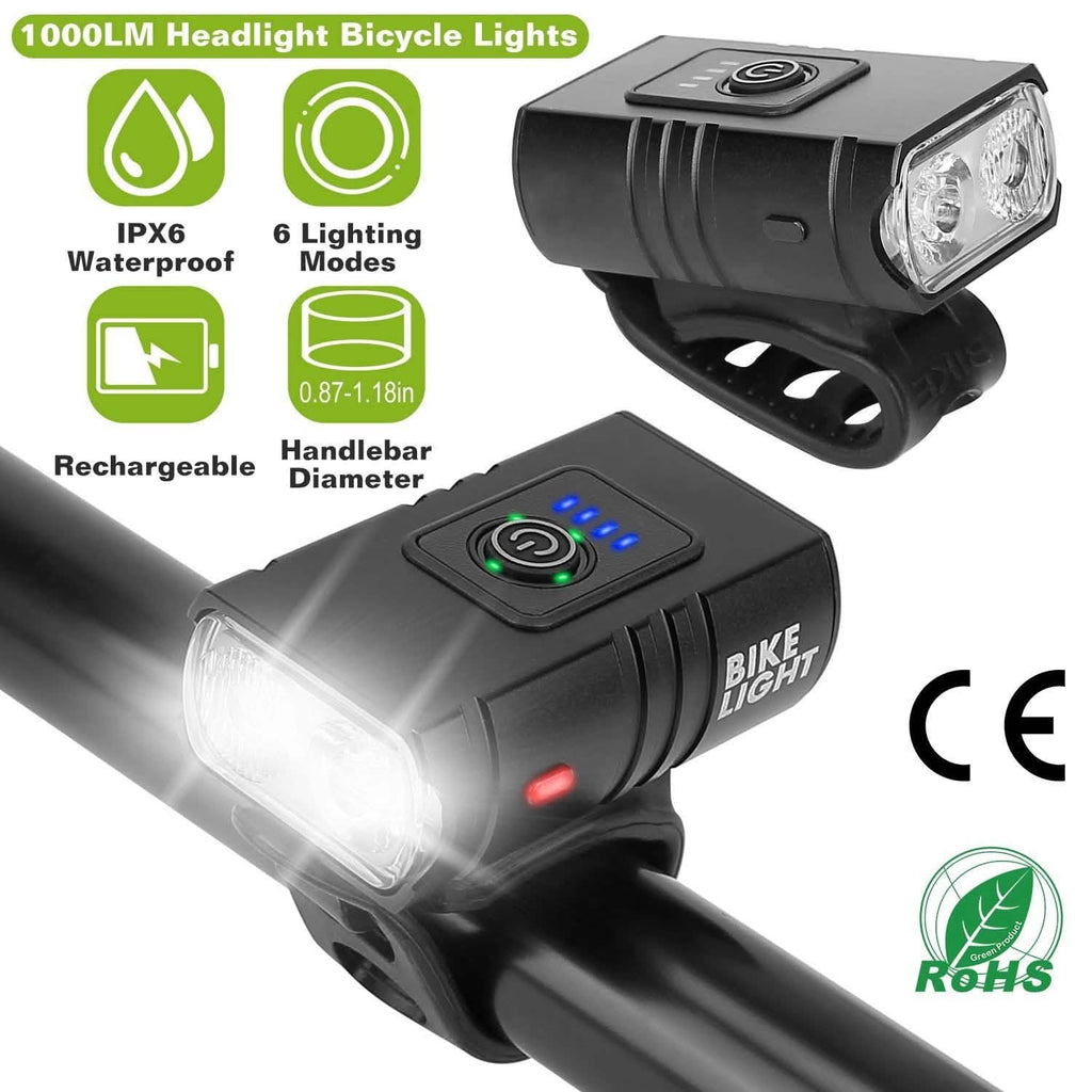 Éclairage avant de vélo 1000 LM, rechargeable, à fixer sur le guidon, avec 6 modes d'éclairage