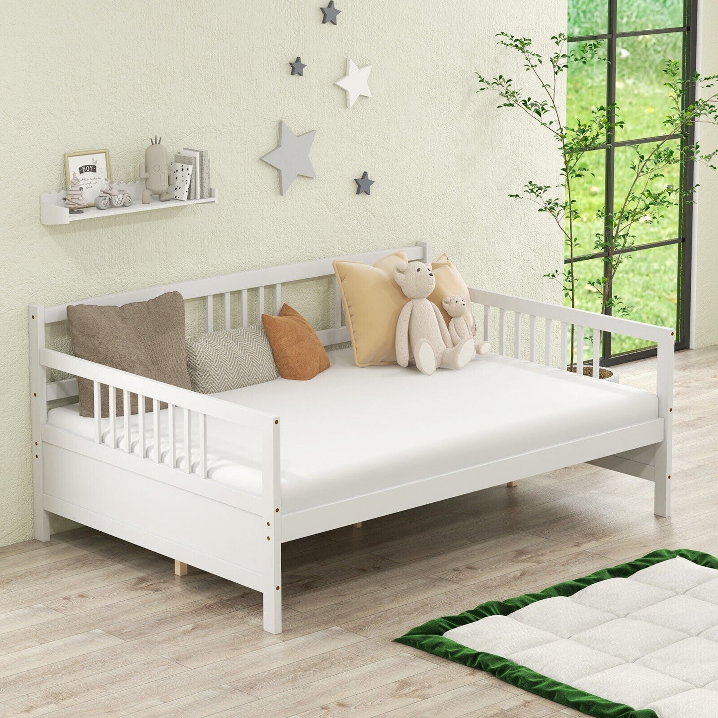 Classic Wooden Full Size Daybed Frame with Guardrails