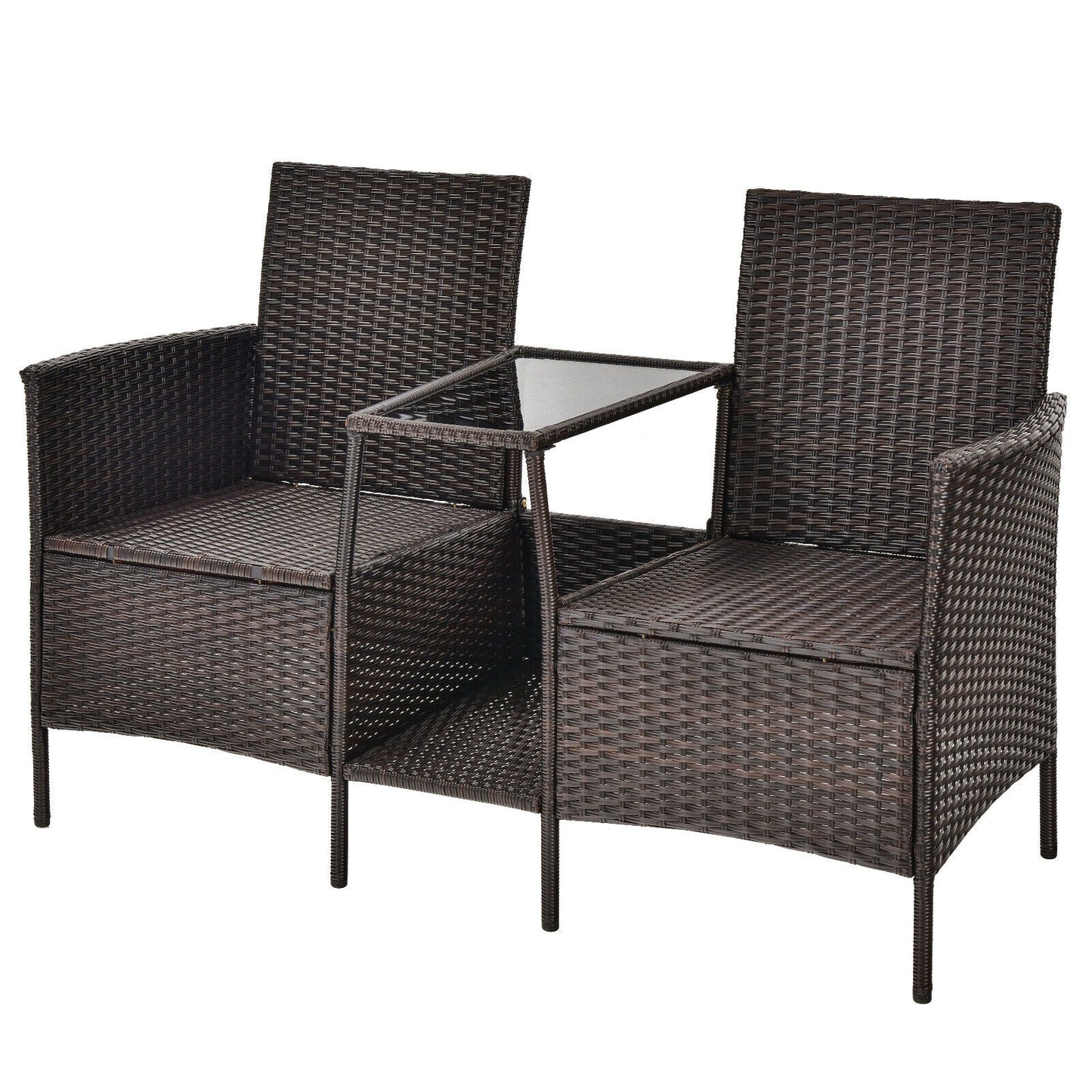 Patio Rattan Wicker Conversation Set Sofa Cushioned Loveseat Glass Table