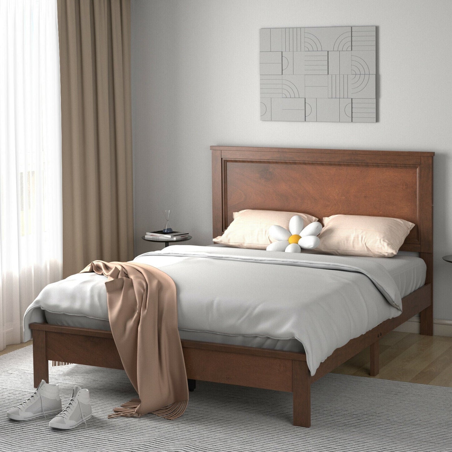 Queen Size Bed Frame Platform Slat High Headboard Bedroom with Rubber Wood Leg