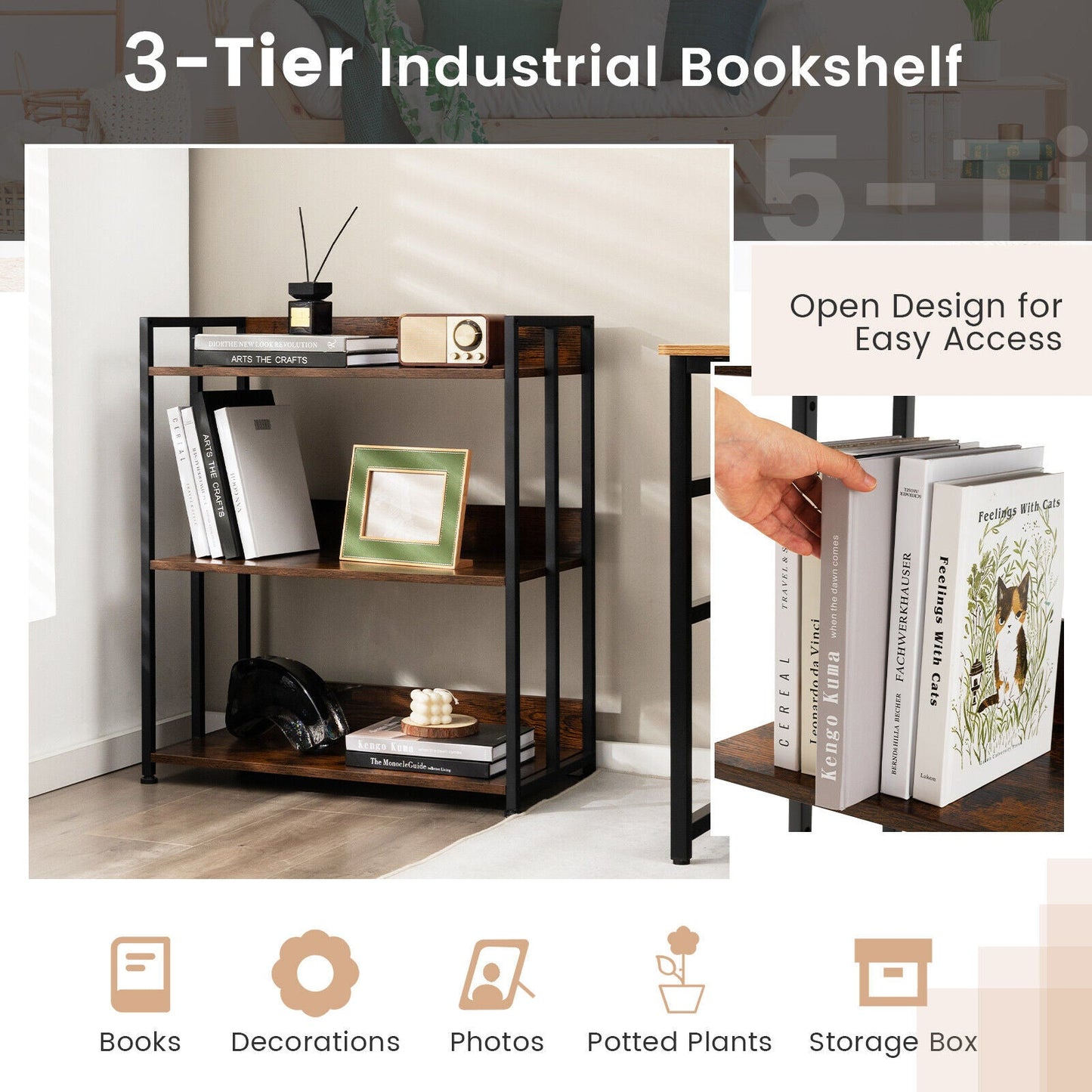 3/5-Tier Industrial Bookshelf Storage Shelf Display Rack with Adjustable Shelves