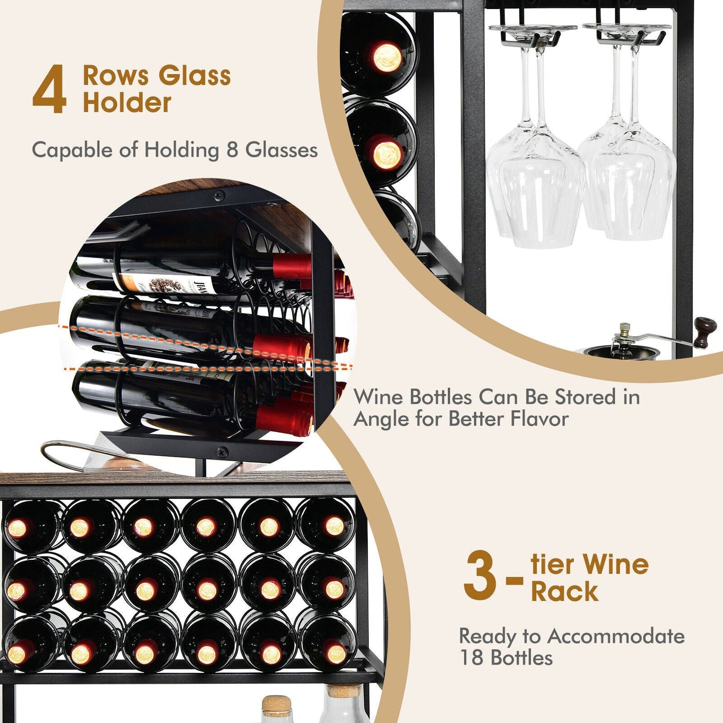 47 Inches Wine Rack Table with Glass Holder and Storage Shelves