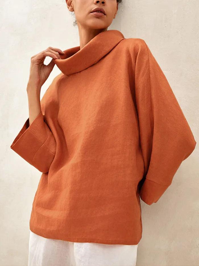 Linen-Cotton Dropped Collar Long-Sleeve Top TRISTAN