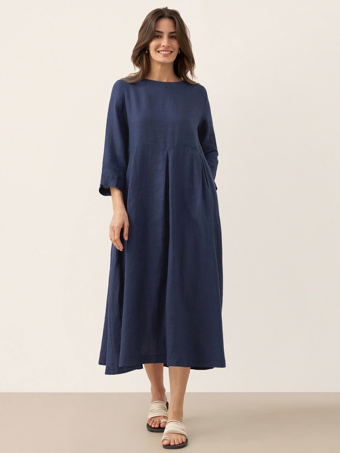 100% Linen Bateau Neck Pleated Midi Dress ABIGAIL