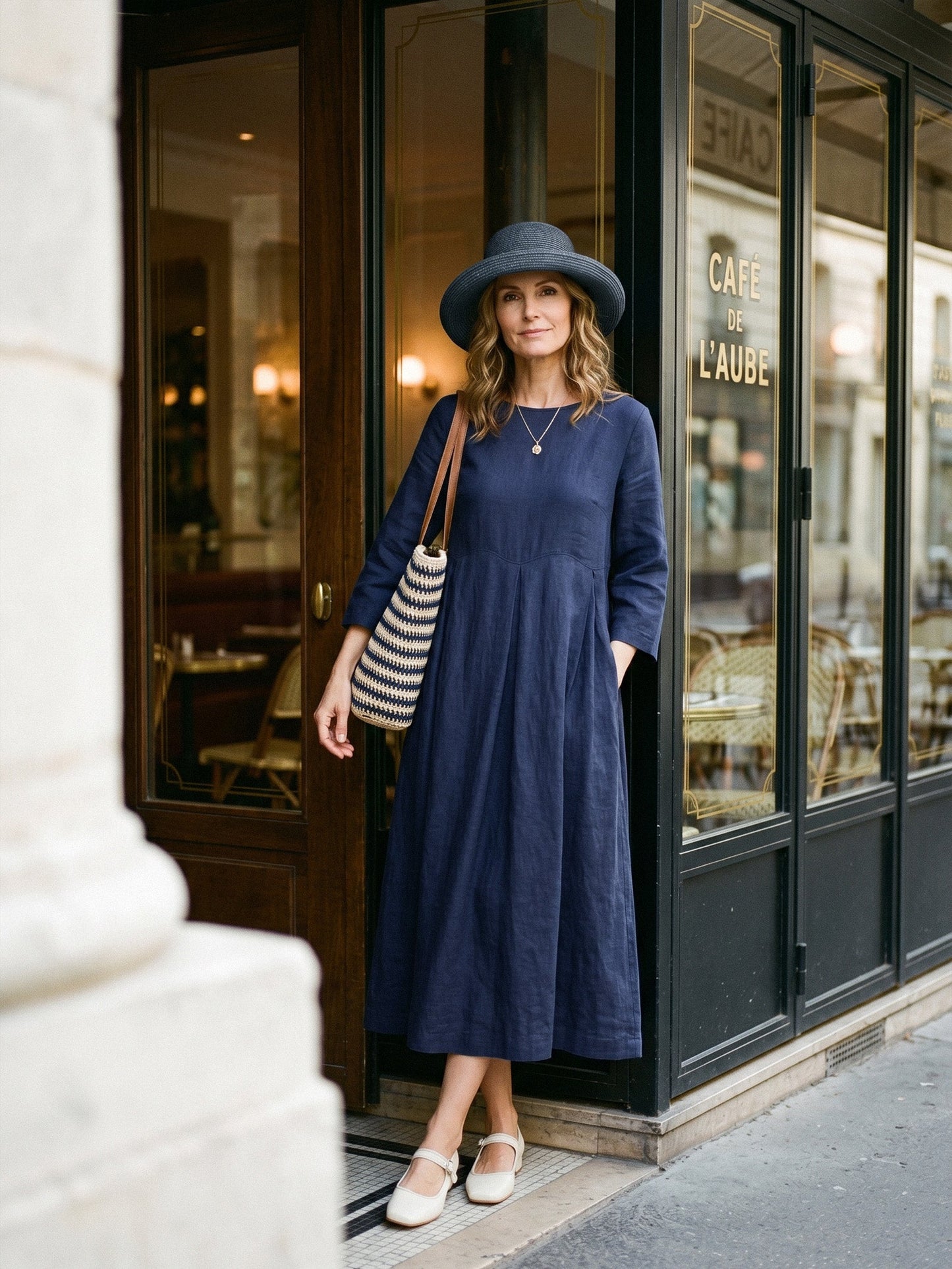 100% Linen Bateau Neck Pleated Midi Dress ABIGAIL