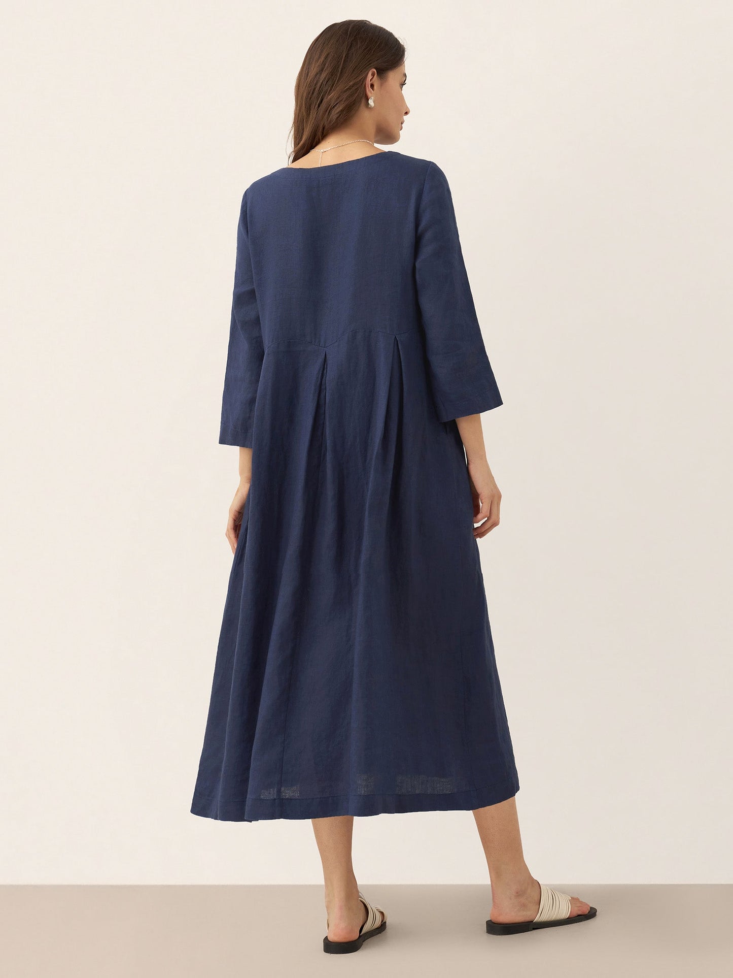 100% Linen Bateau Neck Pleated Midi Dress ABIGAIL