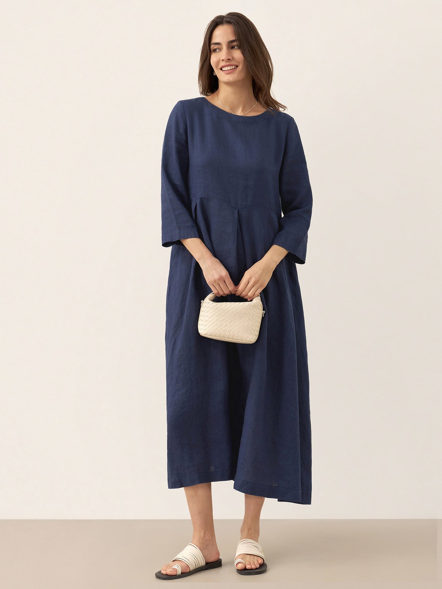100% Linen Bateau Neck Pleated Midi Dress ABIGAIL