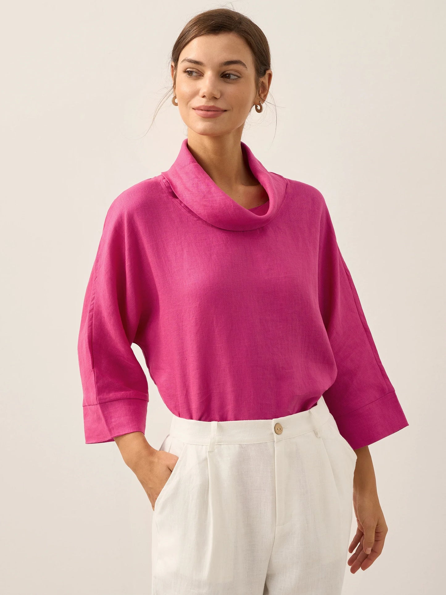 Linen-Cotton Dropped Collar Long-Sleeve Top TRISTAN