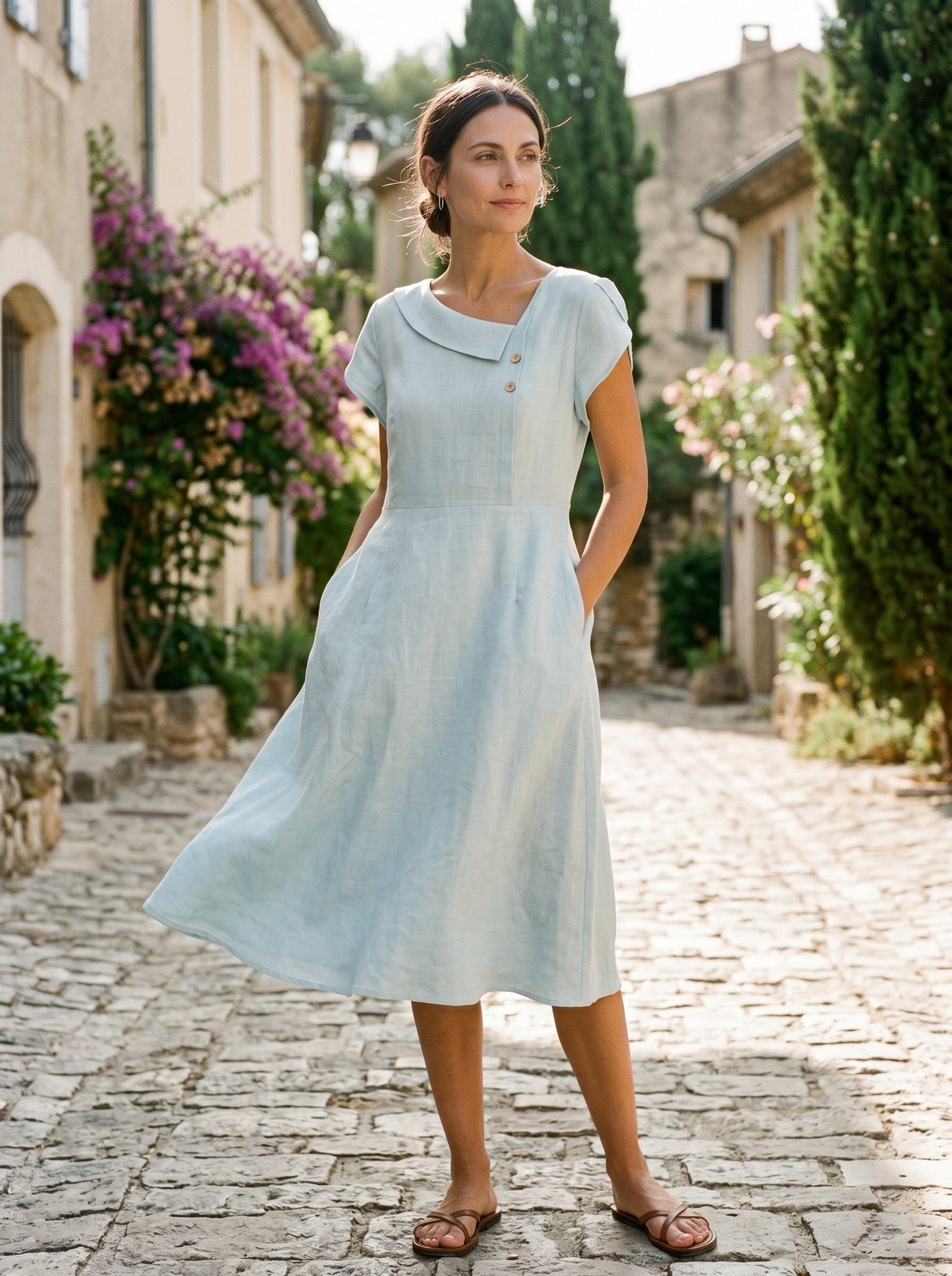 100% Linen Crescent Collar Flutter Sleeve Midi Dress FIONA