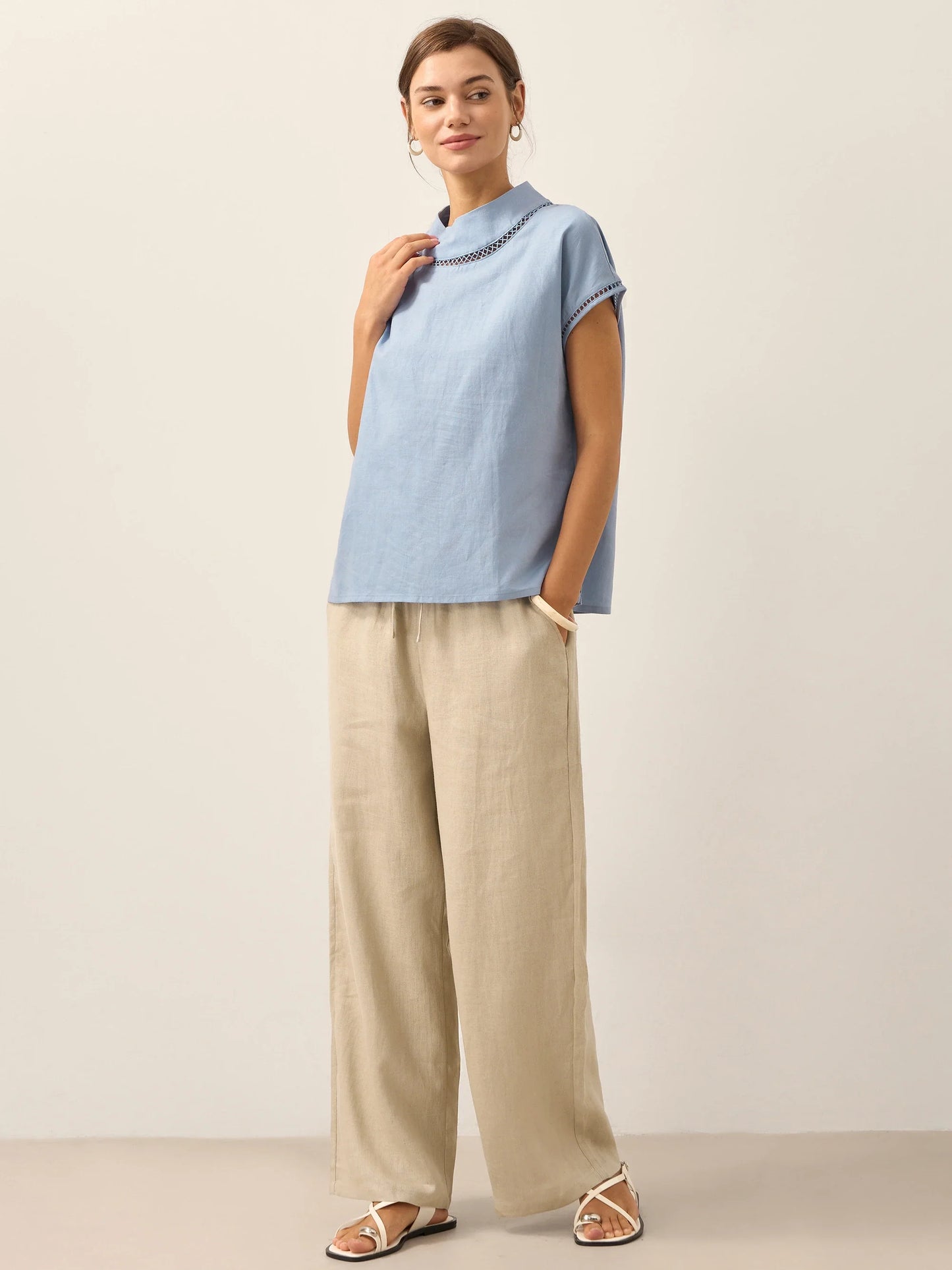 Linen-Cotton Gingham Cutout Turtleneck Top CAROL