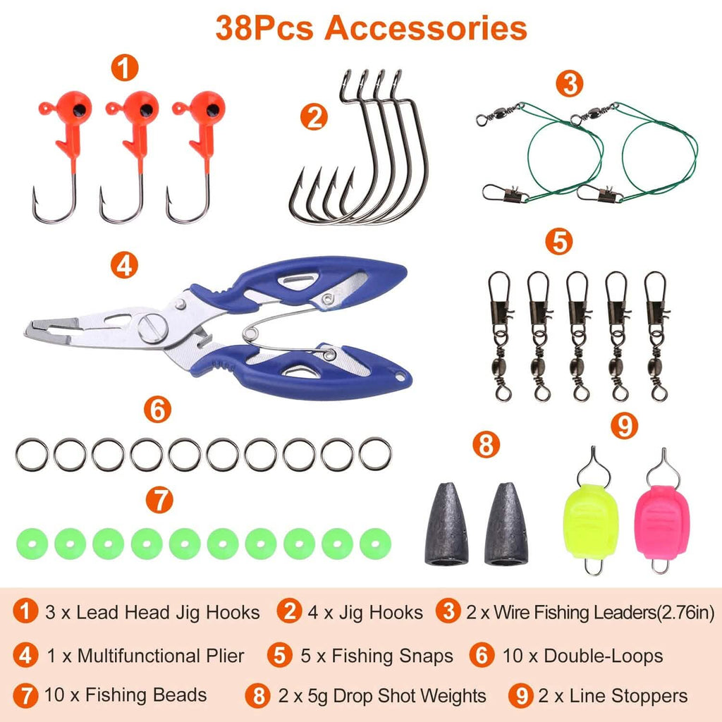 101 pièces : Kit de leurres de pêche, ensemble d'appâts de pêche souples avec vers souples et leurres de type crankbait avec boîte