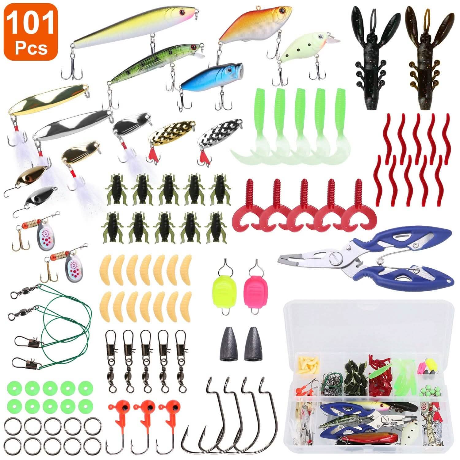 101 pièces : Kit de leurres de pêche, ensemble d'appâts de pêche souples avec vers souples et leurres de type crankbait avec boîte