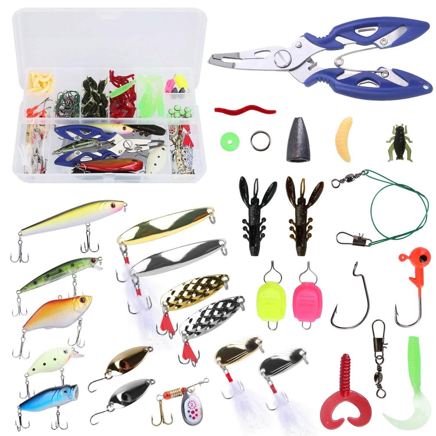 101 pièces : Kit de leurres de pêche, ensemble d'appâts de pêche souples avec vers souples et leurres de type crankbait avec boîte