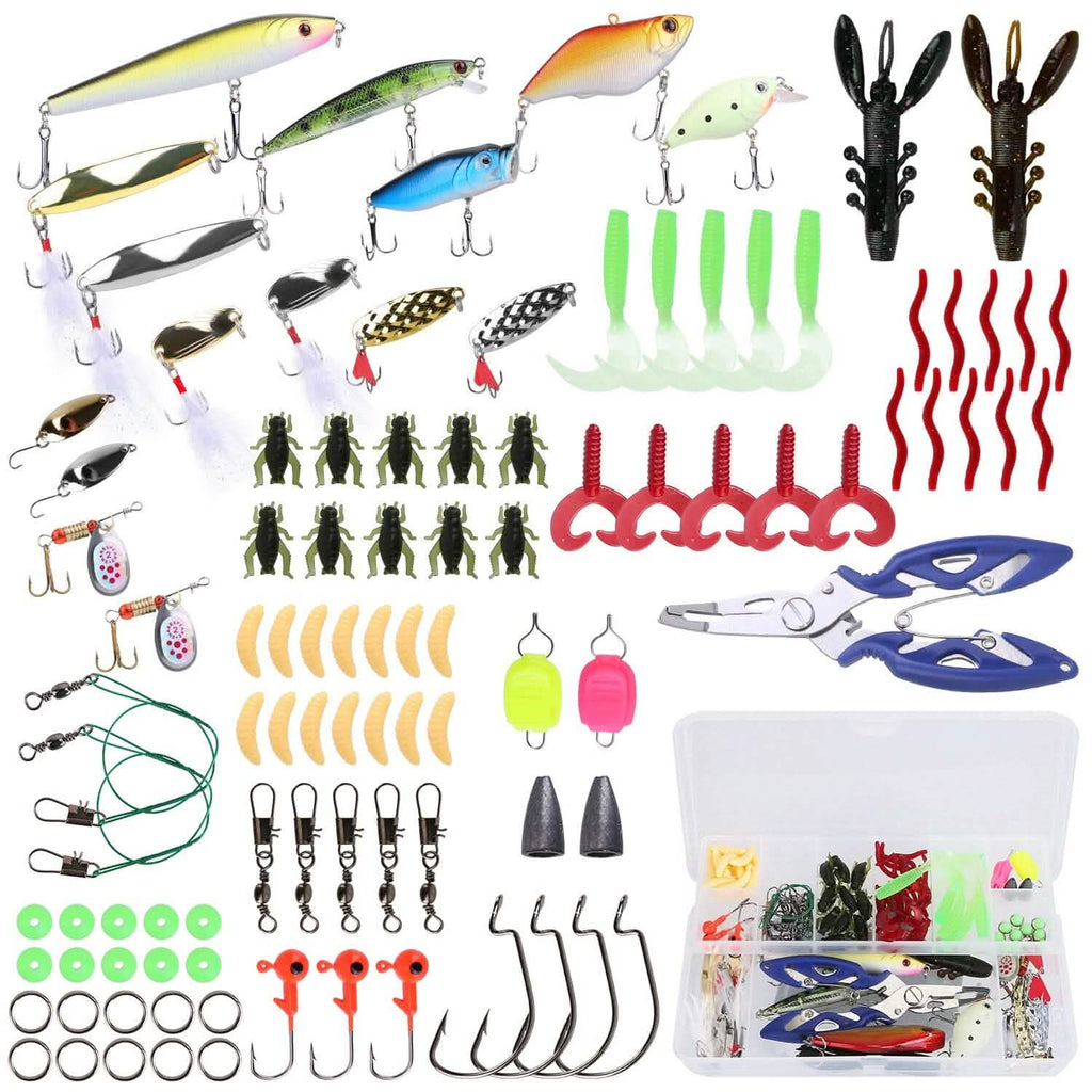 101 pièces : Kit de leurres de pêche, ensemble d'appâts de pêche souples avec vers souples et leurres de type crankbait avec boîte