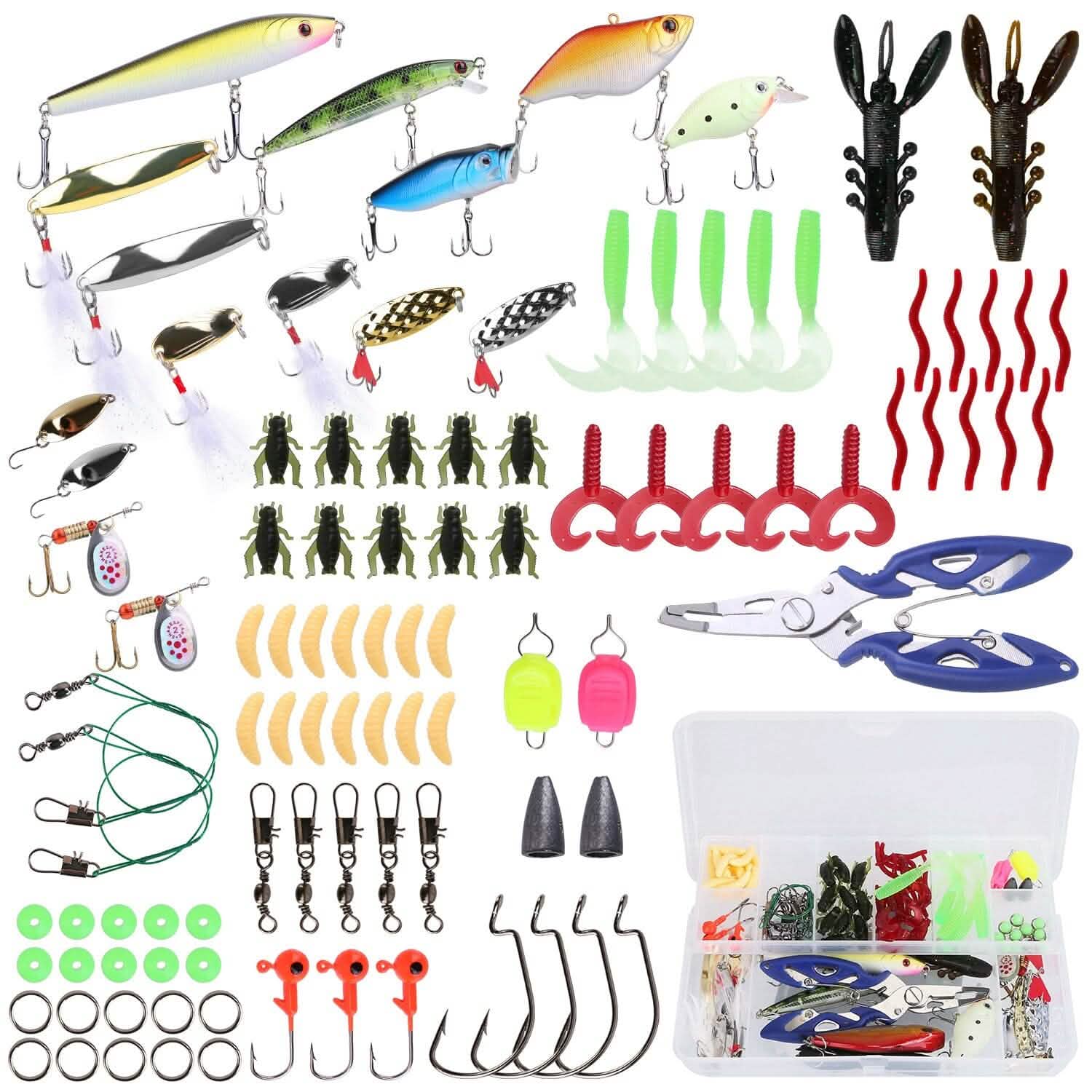 101 pièces : Kit de leurres de pêche, ensemble d'appâts de pêche souples avec vers souples et leurres de type crankbait avec boîte