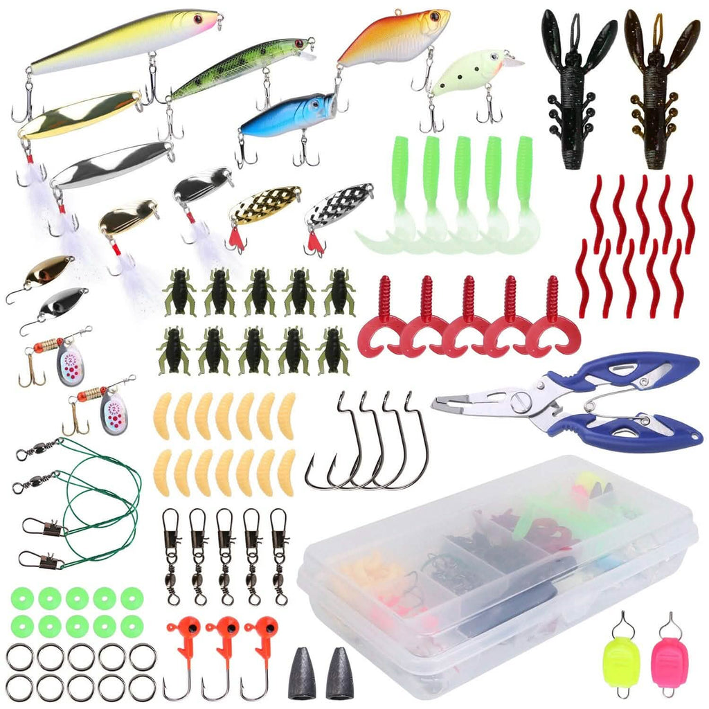 101 pièces : Kit de leurres de pêche, ensemble d'appâts de pêche souples avec vers souples et leurres de type crankbait avec boîte