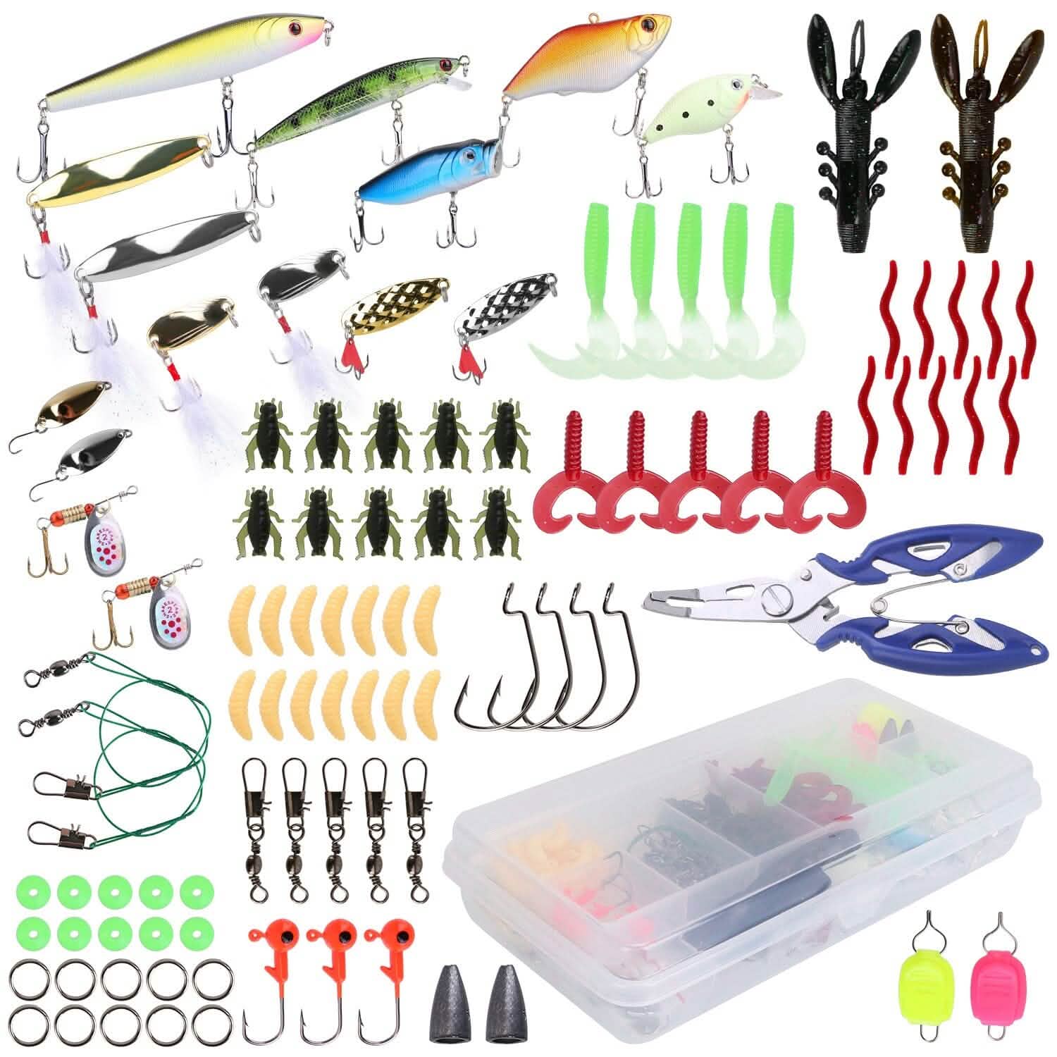 101 pièces : Kit de leurres de pêche, ensemble d'appâts de pêche souples avec vers souples et leurres de type crankbait avec boîte