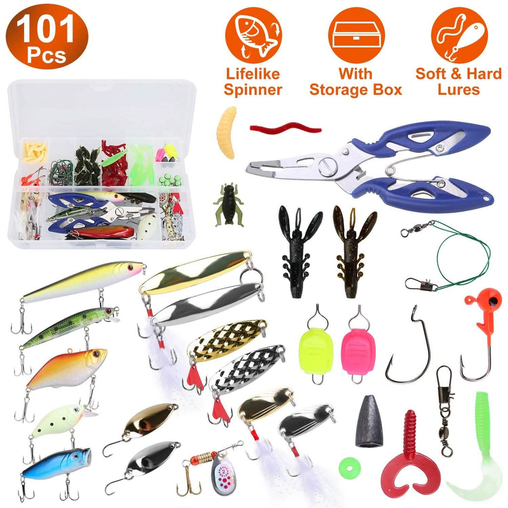 101 pièces : Kit de leurres de pêche, ensemble d'appâts de pêche souples avec vers souples et leurres de type crankbait avec boîte