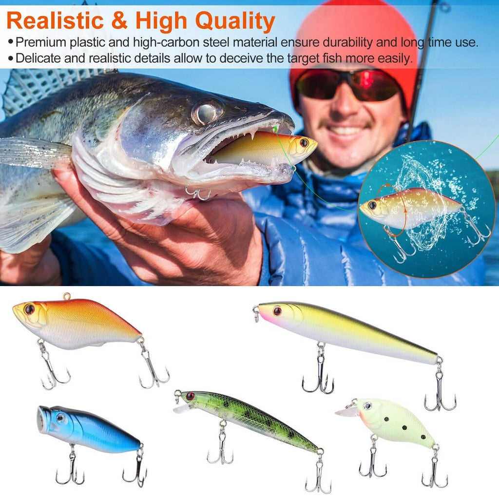 101 pièces : Kit de leurres de pêche, ensemble d'appâts de pêche souples avec vers souples et leurres de type crankbait avec boîte