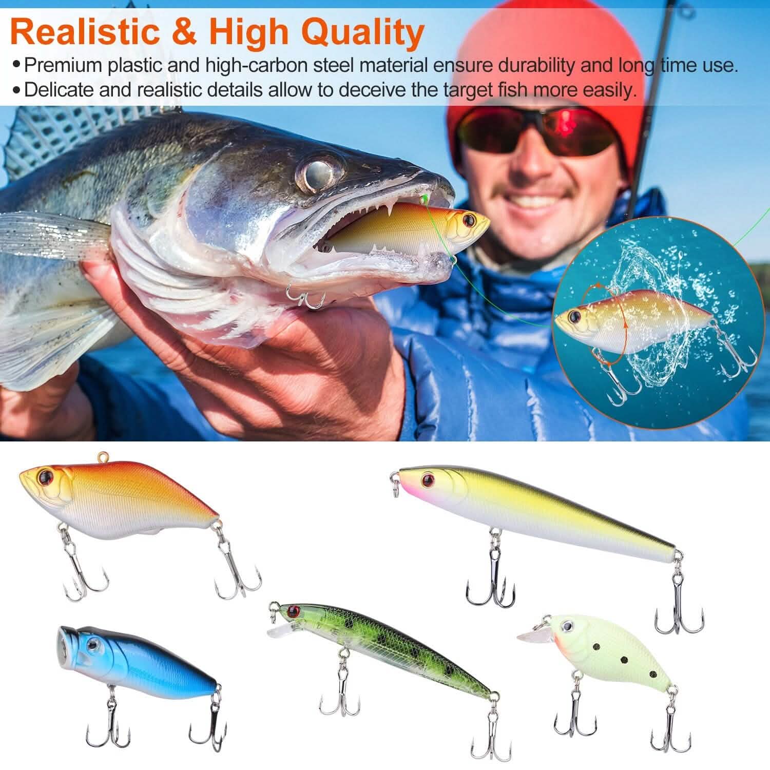 101 pièces : Kit de leurres de pêche, ensemble d'appâts de pêche souples avec vers souples et leurres de type crankbait avec boîte