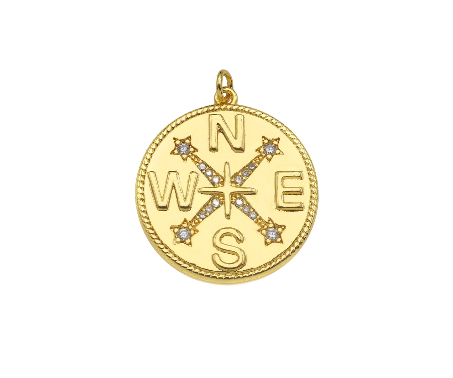 Gold Filled CZ Micro Pave Compass On Round Coin Shape Pendant, 18k Gold Filled Medallion Charm, Necklace Bracelet Pendant,25x27mm,Sku#Z1359