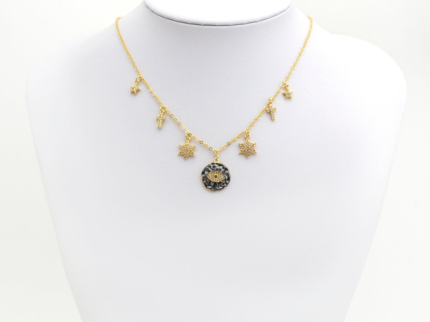 Gold Evil Eye Coin CZ Charm Necklace, Coin Necklace, Cross Star Necklace, Layering Necklace/Gold Disc Necklace, Dainty Necklace, Sku#Z710