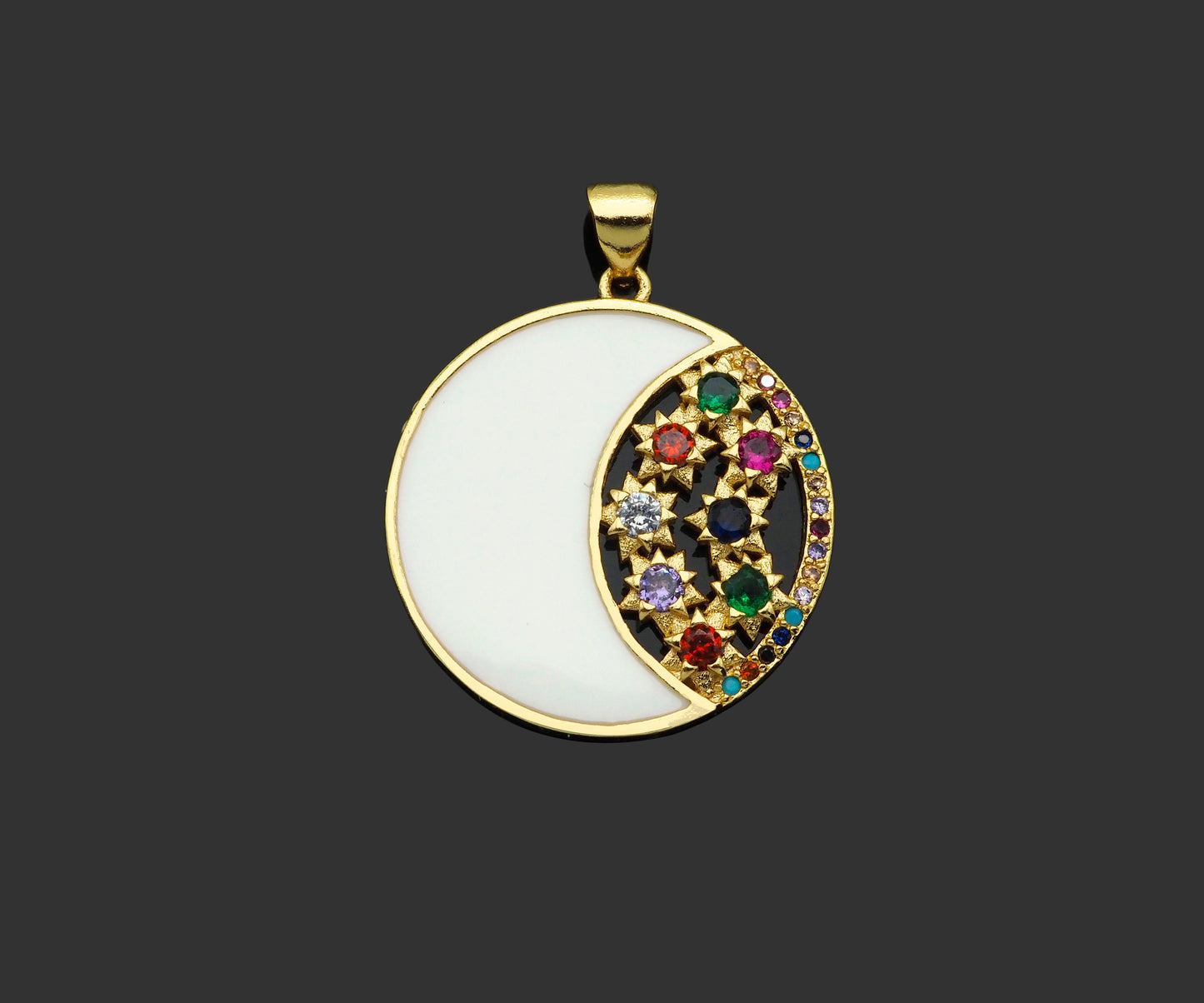 Colorful Enamel Cresent Moon with Colorful CZ On Round Shape Pendant, 18K Gold Filled Enamel Moon Charm,26x28mm,Sku#JL50