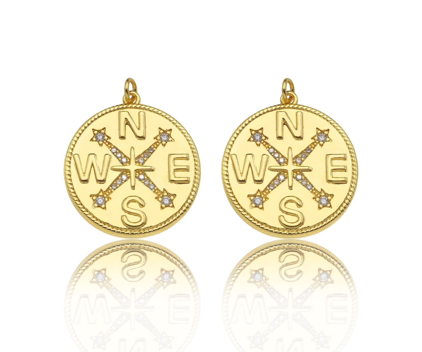 Gold Filled CZ Micro Pave Compass On Round Coin Shape Pendant, 18k Gold Filled Medallion Charm, Necklace Bracelet Pendant,25x27mm,Sku#Z1359