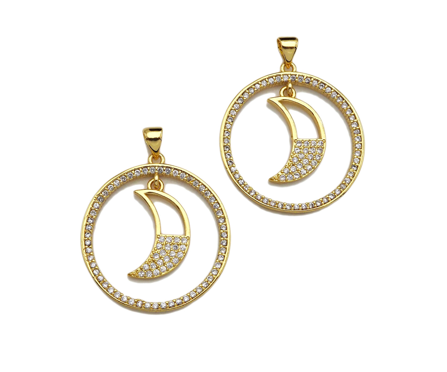 Clear CZ Micro Pave Cresent Moon Hanging in Round Ring Shape Pendant Charm, Cubic Zirconia Round Ring Moon Charm,27x30mm,Sku#LK154
