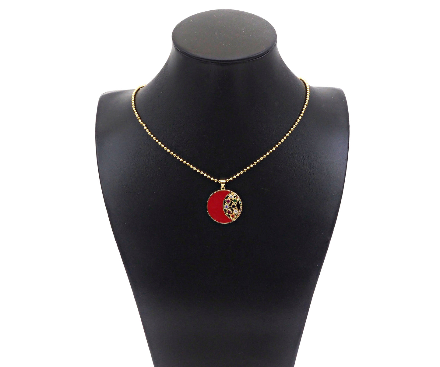 Colorful Enamel Cresent Moon with Colorful CZ On Round Shape Pendant, 18K Gold Filled Enamel Moon Charm,26x28mm,Sku#JL50