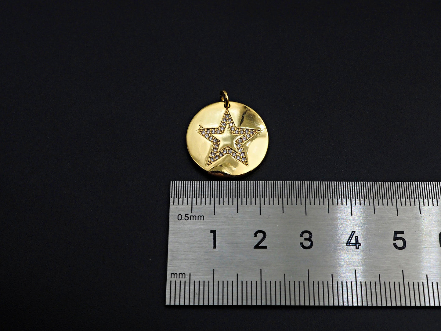 CZ Micro Pave Five Star On Round Coin Pendant,Round Cubic Zirconia Pendant, 10x16mm,Sku#F1095