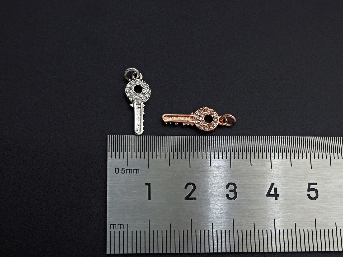 CZ Micro Pave Key Shaped Pendant/Charm, Clear Cubic Zirconia Pave Charm, Small Key Charm, 7x17mm, sku#F1138