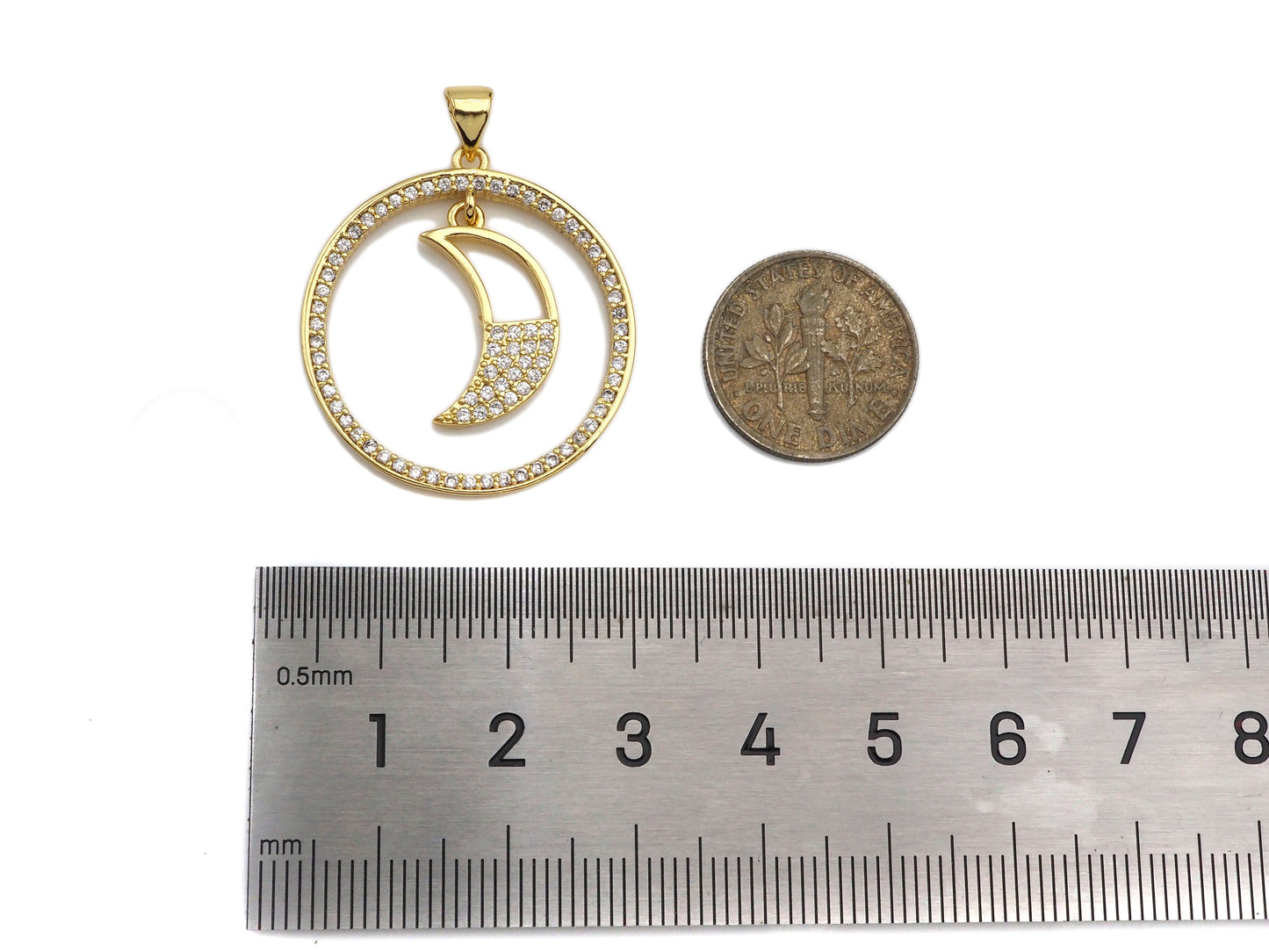 Clear CZ Micro Pave Cresent Moon Hanging in Round Ring Shape Pendant Charm, Cubic Zirconia Round Ring Moon Charm,27x30mm,Sku#LK154