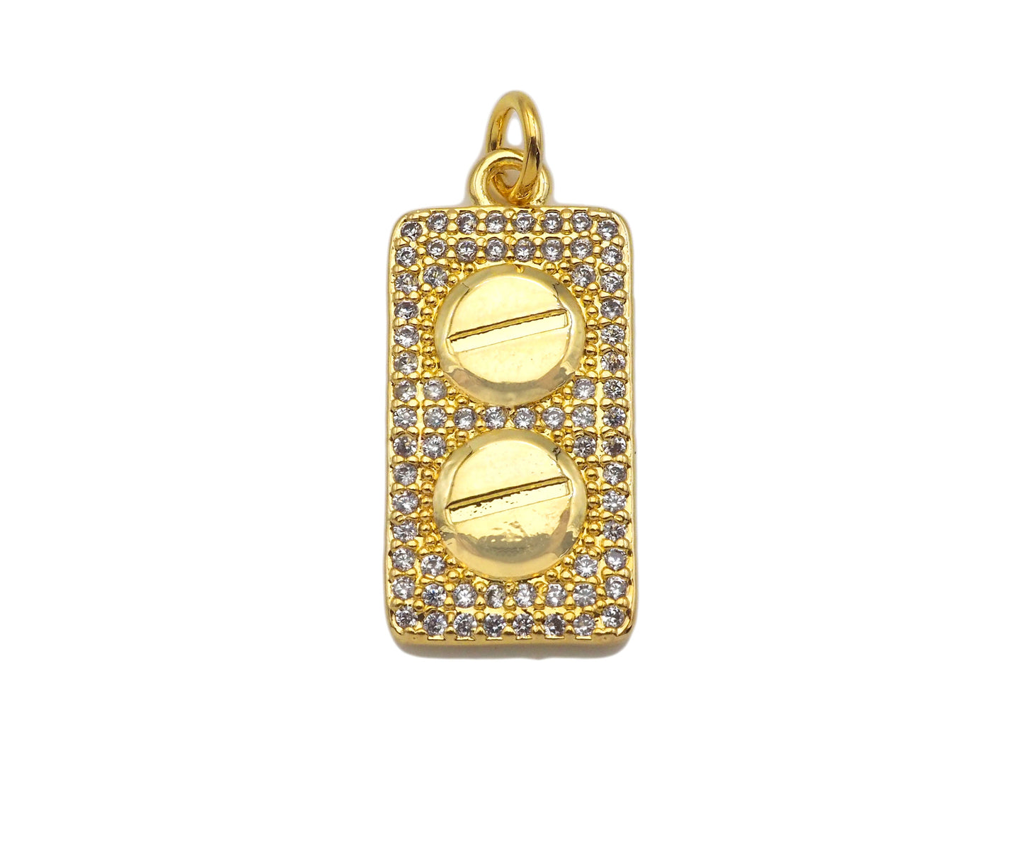 CZ Micro Pave 18k Gold Duble Button On  Rectangle Pendant, Cubic Zirconia Medallion Pendant Charm, CZ Screw Pendant,11x23mm, Sku#LK203