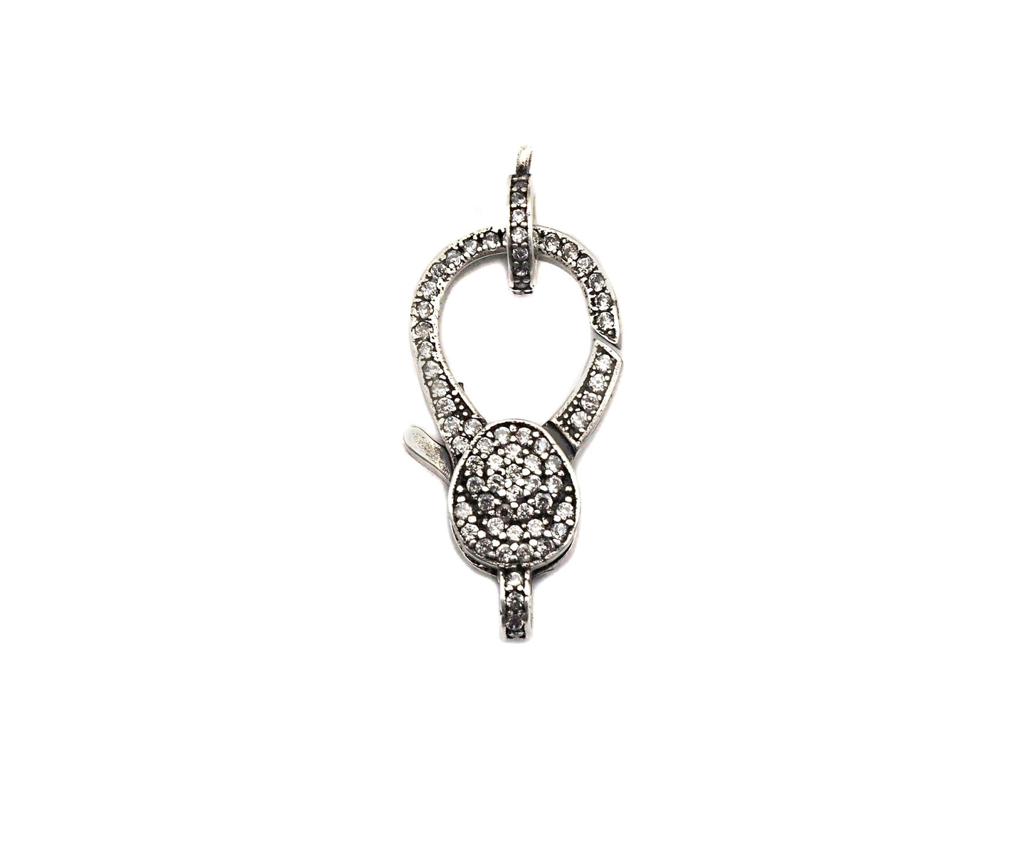 Antique Silver Finish CZ Clear Micro Pave Lobster Clasp with Jumping Ring Clasp, Fine Jewelry Clasp, Designer Clasp,  16x26mm,sku#H171