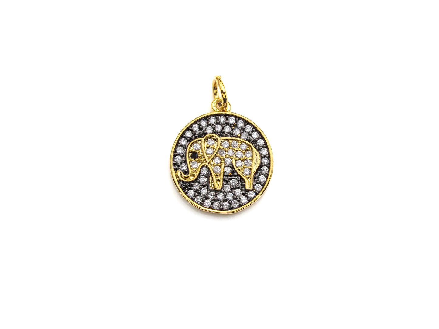 CZ Clear Micro Pave Elephant On Round Coin Pendant, Round Shaped Pave Pendant, Gold plated, 15mm, Sku#Z1014