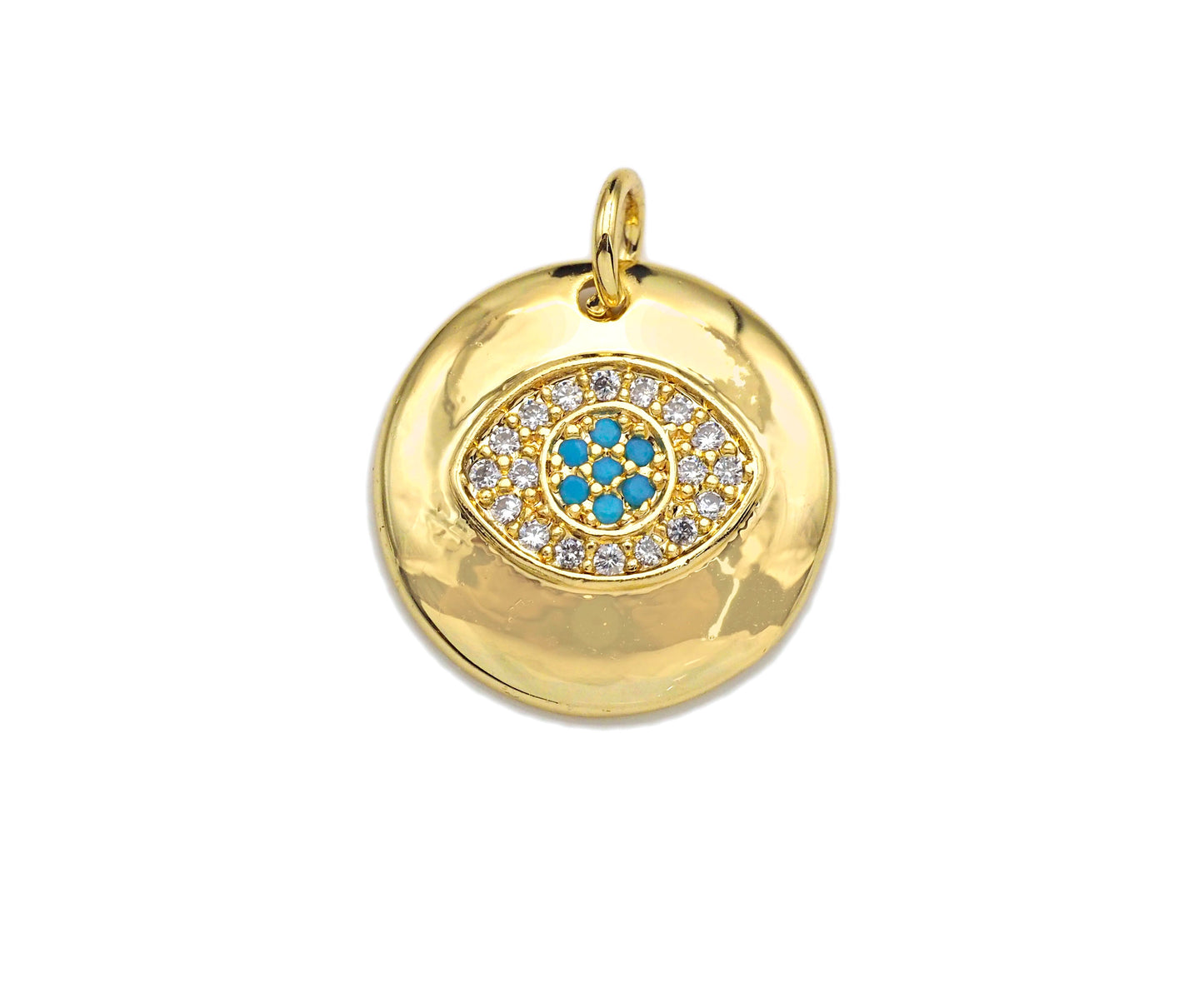 CZ Micro Pave Colorful Evil Eye On Round Coin Charms, 18k Dainty Gold Charms Pendant, Evil Eye Necklace Charms, 15x15mm, Sku#F1304