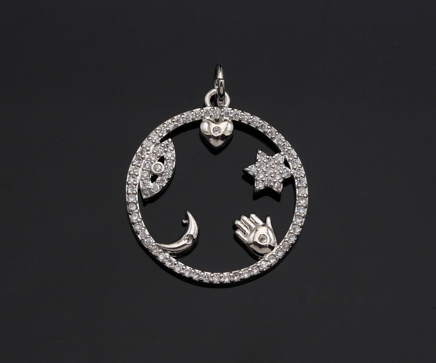 CZ Micro Pave Evil Eye Hand Star On  Round Ring Pendant , 21x23mm, Cubic Zirconia Round Ring Pave Pendant Beads, Pave Charm, SKU#F1188