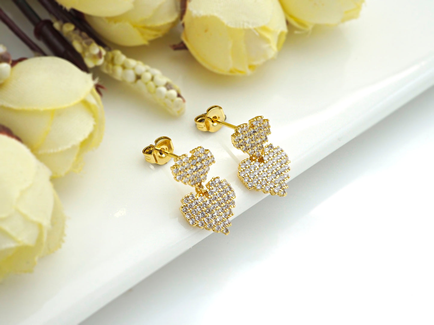 CZ Micro Pave Stud Earring, Double Heart Earrings, 10x16mm, sku#J219