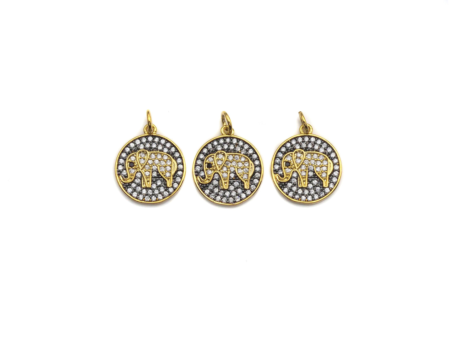CZ Clear Micro Pave Elephant On Round Coin Pendant, Round Shaped Pave Pendant, Gold plated, 15mm, Sku#Z1014
