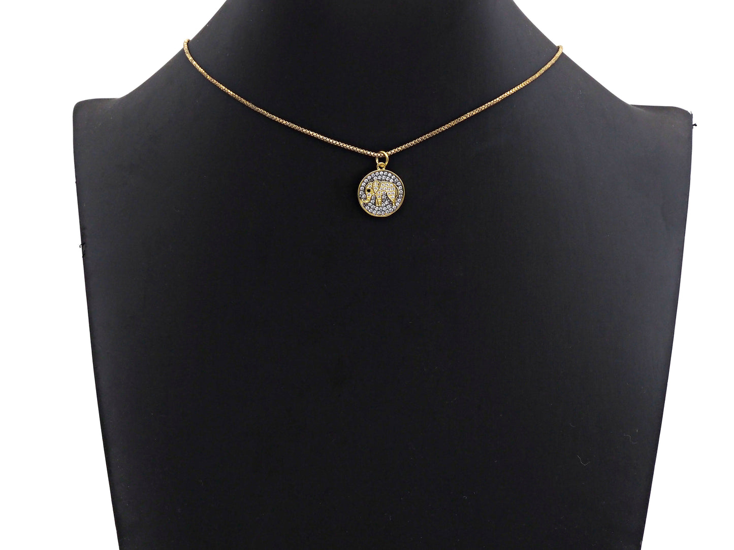 CZ Clear Micro Pave Elephant On Round Coin Pendant, Round Shaped Pave Pendant, Gold plated, 15mm, Sku#Z1014