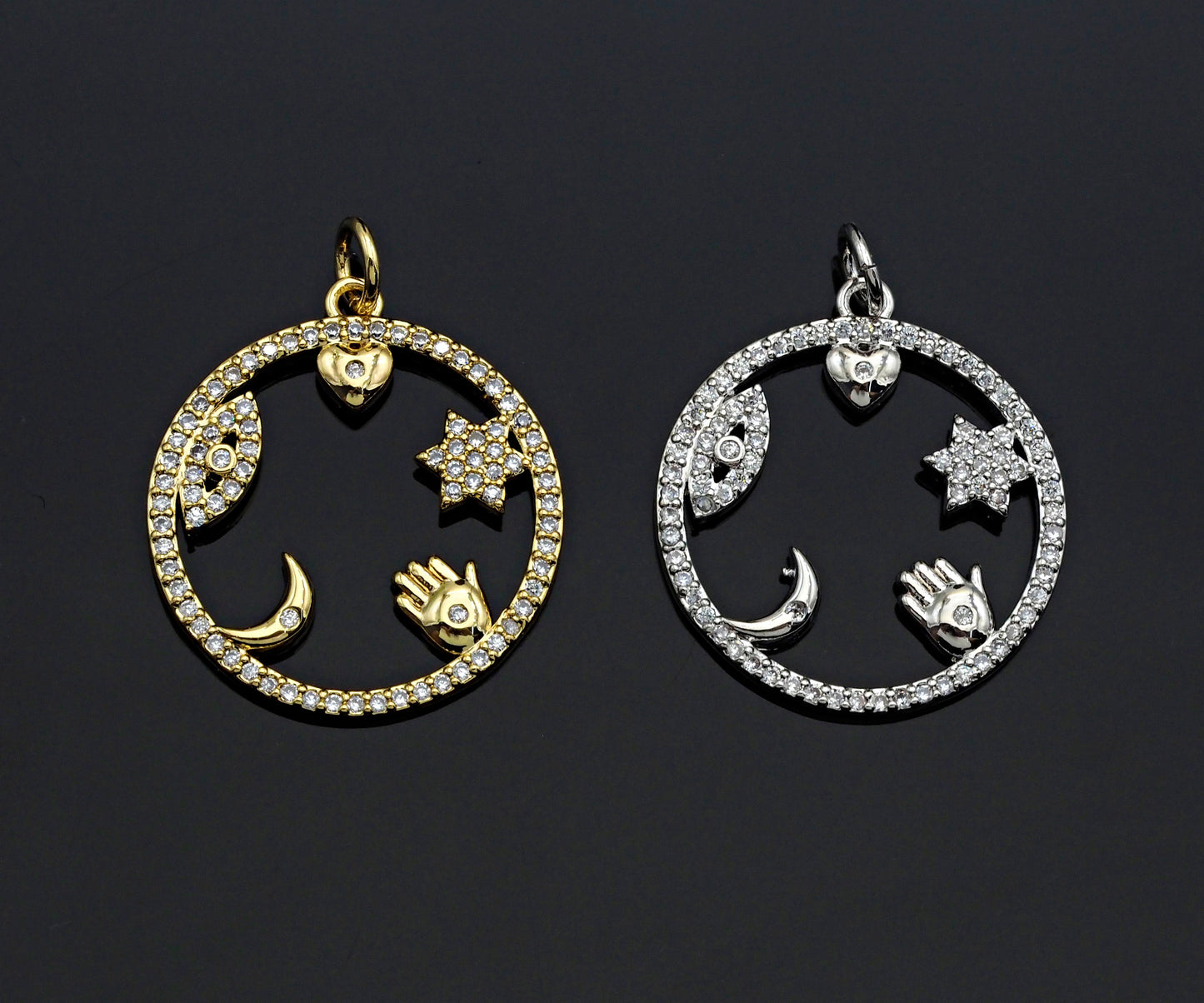 CZ Micro Pave Evil Eye Hand Star On  Round Ring Pendant , 21x23mm, Cubic Zirconia Round Ring Pave Pendant Beads, Pave Charm, SKU#F1188